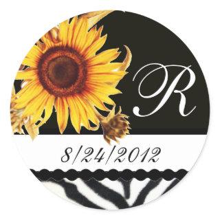 SUNFLOWERS  BLACK WHITE ZEBRA FUR MONOGRAM CLASSIC ROUND STICKER