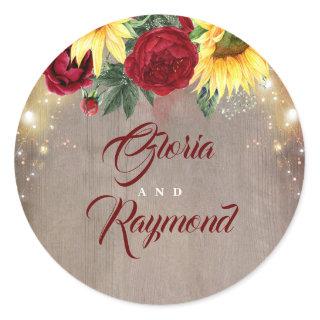 Sunflowers Burgundy Floral Rustic Fall Wedding Classic Round Sticker