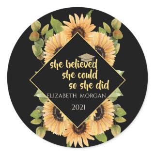 Sunflowers Glitter Graduate Cap   Classic Round Sticker