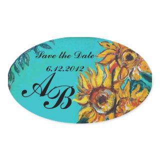 SUNFLOWERS IN BLUE TEAL Save the Date Monogram Oval Sticker