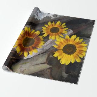 Sunflowers On Logs Brown Yellow Vintage Rustic Art