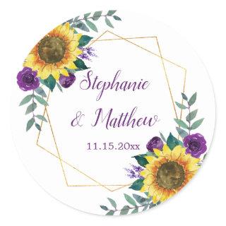 Sunflowers Purple Floral Geometric Wedding Classic Round Sticker