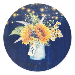 Sunflowers Rustic Navy Blue Fall Wedding Mason Jar Classic Round Sticker
