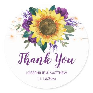 Sunflowers String Lights Purple Floral Thank You Classic Round Sticker
