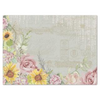 Sunflowers Vintage Script Floral Hydrangeas Sage Tissue Paper