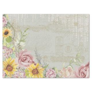 Sunflowers Vintage Script Floral Hydrangeas Sage Tissue Paper