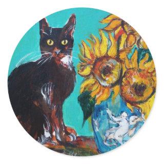 SUNFLOWERS WITH BLACK CAT IN BLUE TURQUOISE CLASSIC ROUND STICKER