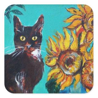 SUNFLOWERS WITH BLACK CAT IN BLUE TURQUOISE SQUARE STICKER
