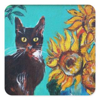 SUNFLOWERS WITH BLACK CAT IN BLUE TURQUOISE SQUARE STICKER