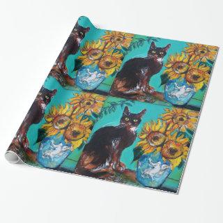 SUNFLOWERS WITH BLACK CAT IN BLUE TURQUOISE