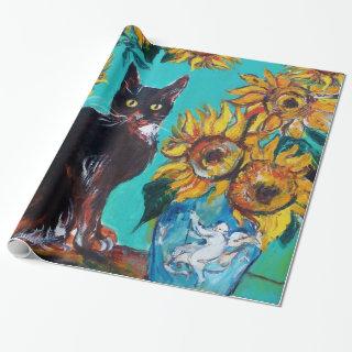 SUNFLOWERS WITH BLACK CAT IN BLUE TURQUOISE
