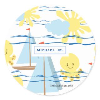 Sunny Kids Pattern, Boat, Octopus and Sun Clipart Classic Round Sticker