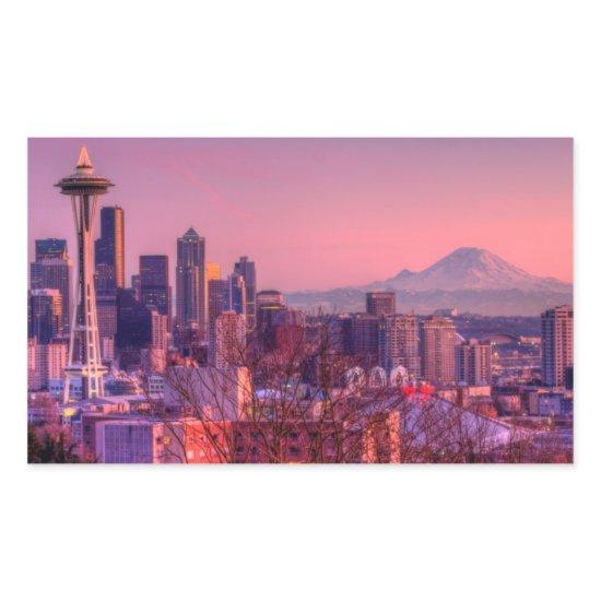 Sunset behind Seattle skyline from Kerry Park. Rectangular Sticker