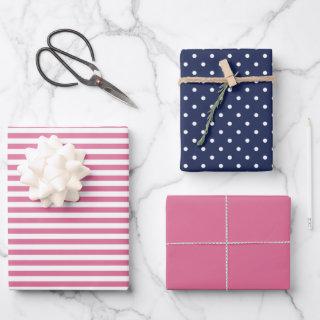 Sunset Pink and Navy Blue Stripe Polka Dot Plain  Sheets