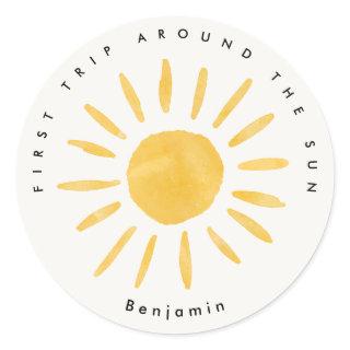 sunshine 1st birthday watercolor sun  classic round sticker