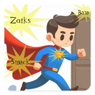 Super Hero Cartoon Guy with Action Words Square Sticker