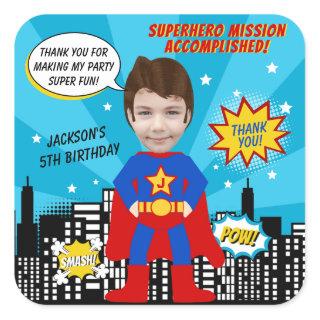 Superhero Comic Book Style Boy Birthday Photo  Square Sticker
