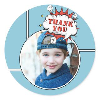 Superhero Comic Boy Birthday Photo Thank you  Classic Round Sticker