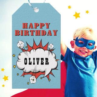 Superhero Comic Speech Bubble Boy Happy Birthday Gift Tags