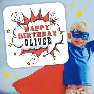 Superhero Comic Speech Bubble Boy Happy Birthday   Square Sticker