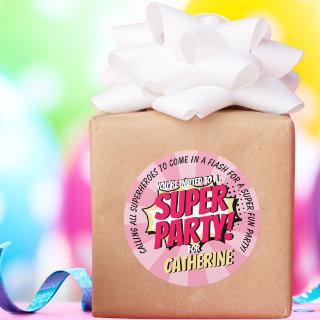 Superhero Comic Style Girl Birthday Pink Classic Round Sticker