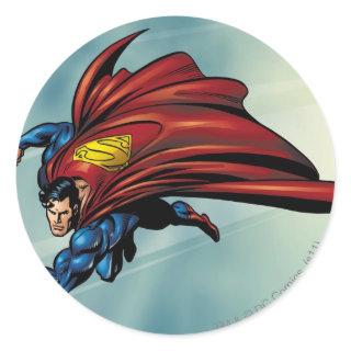 Superman flys with cape classic round sticker