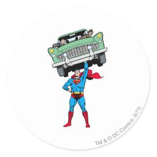 Superman holds a car classic round sticker