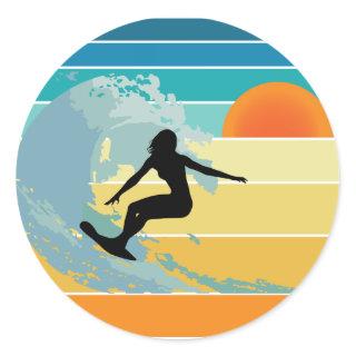 Surfer Girl Vintage Sunset Classic Round Sticker