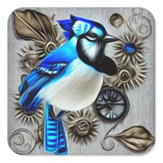 Surreal Steampunk Flowers Blue Jay Square Sticker
