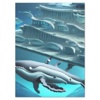Surreal Whale City Underwater Blue Unusual Fantasy Tissue Paper