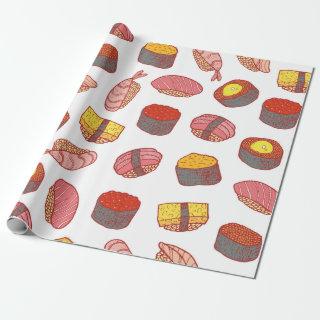 Sushi and rolls seamless pattern. Doodle cartoon c