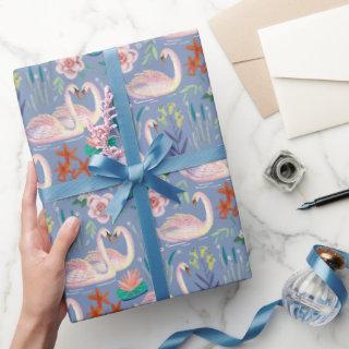 Swan Birds Floral Botanical Blue Pattern