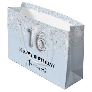 Sweet 16 baby blue silver glitter large gift bag