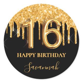 Sweet 16 black gold glitter drips party classic round sticker