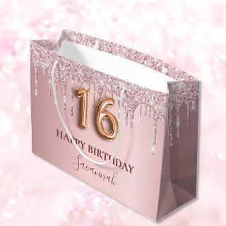 Sweet 16 blush pink glitter drips monogram 16th large gift bag