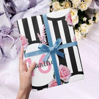 Sweet 16 chic pink roses black white stripes