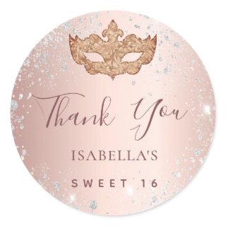 Sweet 16 masquerade rose gold glitter Thank You Classic Round Sticker