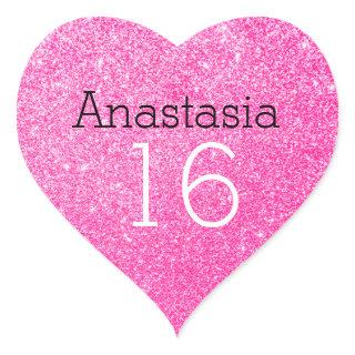 Sweet 16 Name Age Black & Hot Pink Glitter Sparkle Heart Sticker