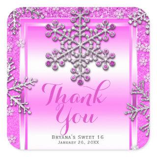 SWEET 16 Part Pink Glitter Glam Winter Snowflakes Square Sticker