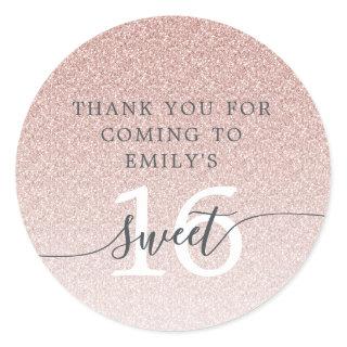 Sweet 16 Pink Glitter Ombre Thank You Custom Name  Classic Round Sticker