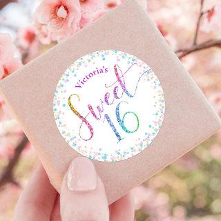 Sweet 16 Rainbow Ombre Glitter Confetti Birthday Classic Round Sticker