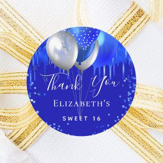 Sweet 16 royal blue drips name thank you classic round sticker