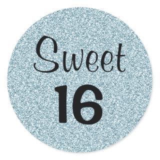 Sweet 16 Sixteen Black Blue Silver Glitter Sparkle Classic Round Sticker