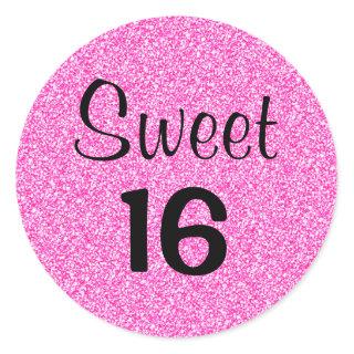 Sweet 16 Sixteen Black & Hot Pink Glitter Sparkles Classic Round Sticker