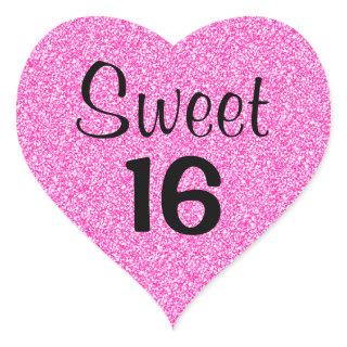 Sweet 16 Sixteen Black & Hot Pink Glitter Sparkles Heart Sticker