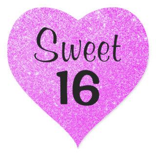 Sweet 16 Sixteen Black & Purple Glitter Sparkles Heart Sticker