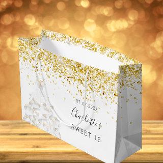 Sweet 16 white gold glitter dress name large gift bag
