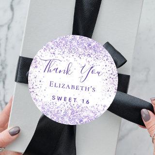 Sweet 16 white violet glitter name thank you classic round sticker
