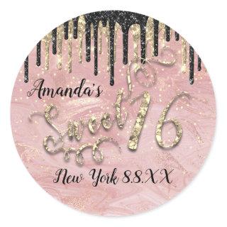 Sweet 16th Party Marble Gold Confetti Drips Pink Classic Round Sticker