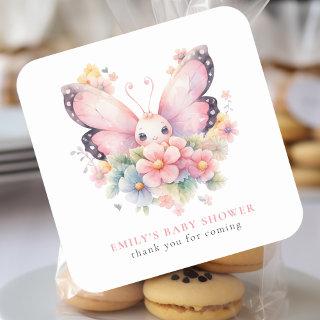 Sweet Butterfly Florals Pink Baby Shower Thank You Square Sticker